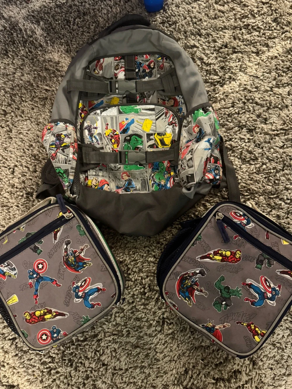 Pottery Barn Kids large Gray Marvel Superhero Backpack and Lunch Boxes